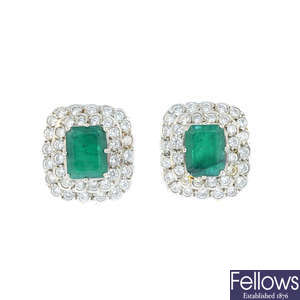 A pair of emerald and cubic zirconia cluster earrings.