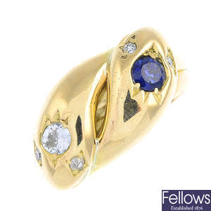 An Edwardian 18ct gold sapphire and diamond snake ring.