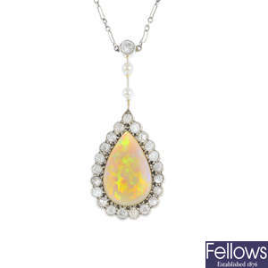 An opal, seed pearl and diamond necklace.