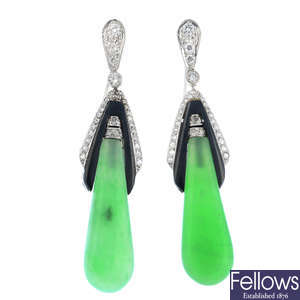 A pair of A-type jade, diamond and onyx earrings.