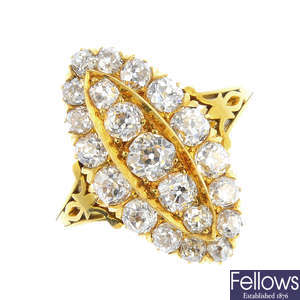 A late Victorian 18ct gold diamond marquise cluster ring.