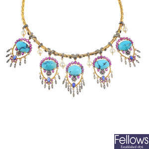 A turquoise, ruby, sapphire, diamond and cutlured pearl necklace.