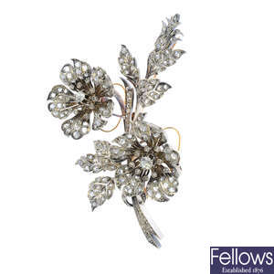 A late Victorian silver and gold diamond floral brooch, en tremblant.