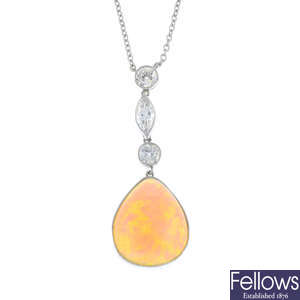 An opal and diamond pendant, on chain.
