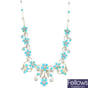 A early 20th century diamond and turquoise necklace.