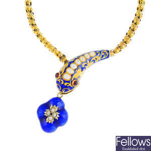 A mid Victorian 18ct gold, enamel and gem-set snake necklace.
