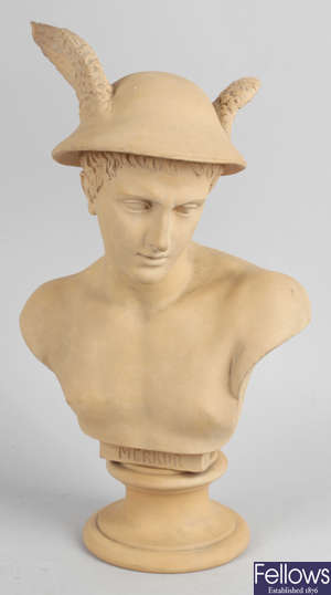 A terracotta head and shoulder bust modelled as Mercury.