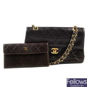 CHANEL - a vintage brown lambskin leather handbag with interior purse.