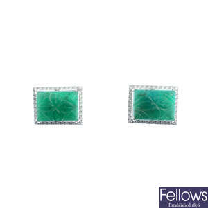 A pair of green beryl and diamond earrings.