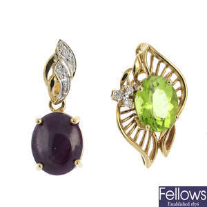 Two 9ct gold diamond and gem-set pendants and a pair of emerald earrings.