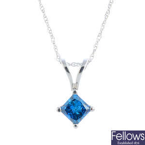 A colour treated 'blue' diamond pendant, with chain.