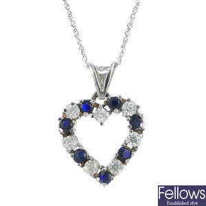 A 9ct gold sapphire and cubic zirconia heart pendant, with chain.