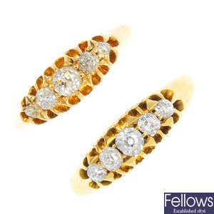 Two Edwardian 18ct gold diamond five-stone rings.
