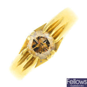 A gentleman's 18ct gold 'coloured' diamond single-stone ring.