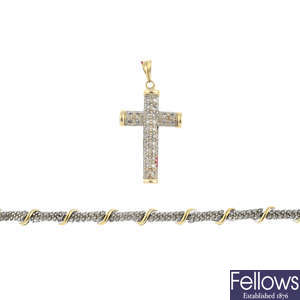 A 9ct gold diamond bracelet, and 9ct gold cross pendant.