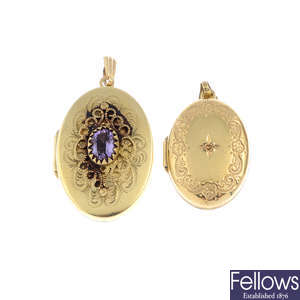Two early 20th century 9ct gold locket pendants.