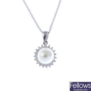 A 9ct gold cultured pearl and diamond pendant, with chain.