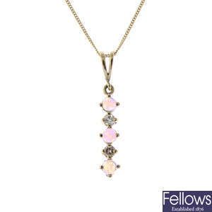 A 9ct gold synthetic opal and diamond pendant, with 9ct gold chain and a pair of amethyst earrings.