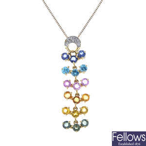 A 9ct gold sapphire, zircon and diamond pendant, with chain.