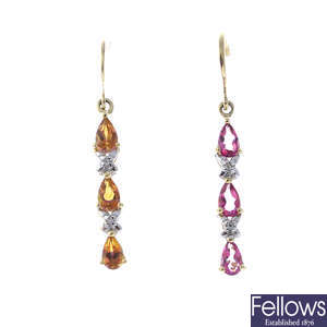 A pair of coated topaz and diamond earrings.