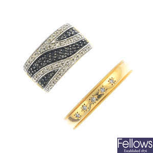 Two 9ct gold diamond and gem-set band rings.
