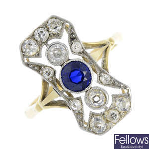 An early 20th century platinum and 18ct gold sapphire and diamond dress ring.