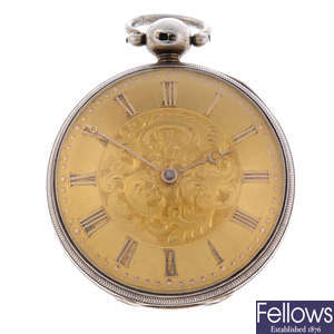 A silver open face pocket watch by James Wild.