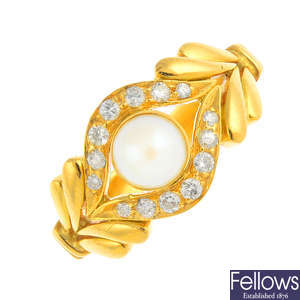 A cultured pearl and diamond ring.