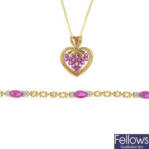 A 9ct gold ruby and diamond bracelet and a 9ct gold ruby heart pendant, with chain.
