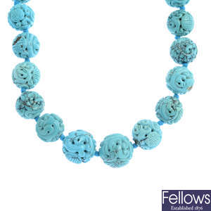 A turquoise and colour-treated turquoise necklace.