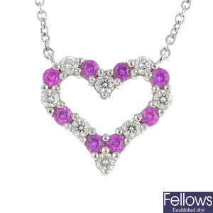 TIFFANY & CO. - a platinum diamond and sapphire heart necklace.