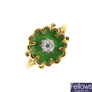 A mid 20th century 18ct gold diamond and enamel floral ring.