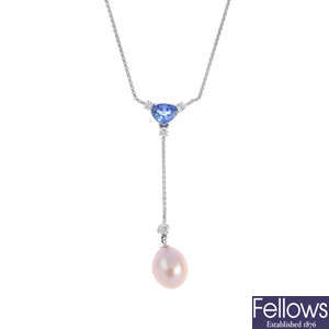 An 18ct gold sapphire, diamond and cultured pearl necklace.