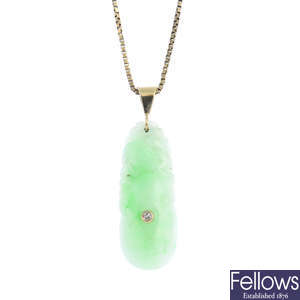 A jade and diamond pendant, with 9ct gold chain.