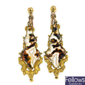 A pair of mid Victorian gold moss agate earrings.