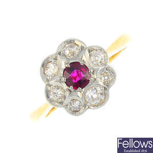A mid 20th century gold ruby and diamond cluster ring.