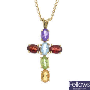 A 9ct gold amethyst, topaz, garnet, peridot and citrine cross pendant, with chain.
