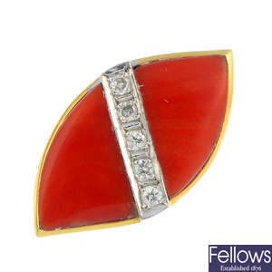 A 14ct gold dyed coral and diamond ring.