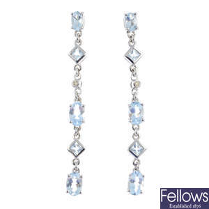 A pair of 18ct aquamarine and diamond drop earrings.