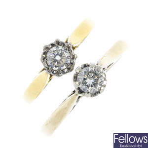Two mid 20th century gold diamond single-stone rings.