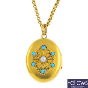A late Victorian 18ct gold turquoise and split pearl locket and chain.