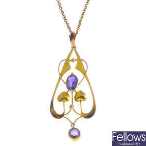 An early 20th century 9ct gold amethyst pendant, with chain.