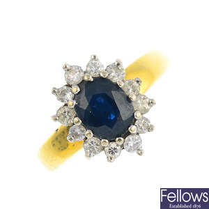 A 1970s 18ct gold sapphire and diamond cluster ring.