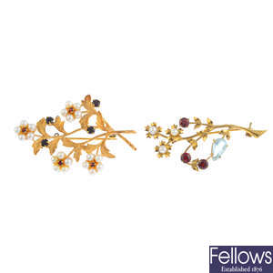 Two mid 20th century 9ct gold gem-set floral brooches.