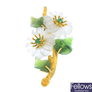 An emerald, chalcedony and nephrite jade floral brooch.