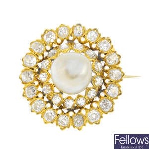 A late Victorian gold pearl and diamond brooch.
