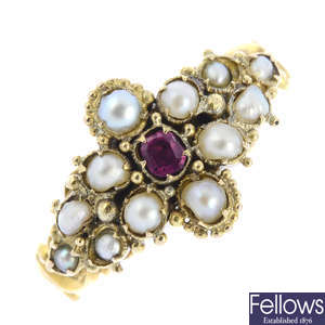 A mid Victorian gold ruby and split pearl ring.