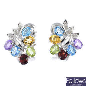 A pair of 14ct gold diamond and gem-set earrings.
