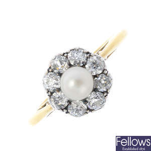An early 20th century silver and 18ct gold pearl and diamond cluster ring.