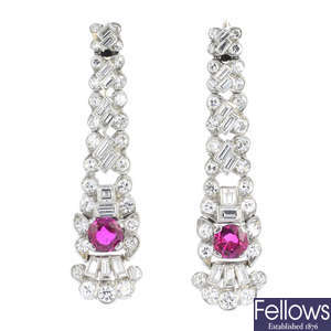 A pair of mid 20th century Burmese ruby and diamond earrings.